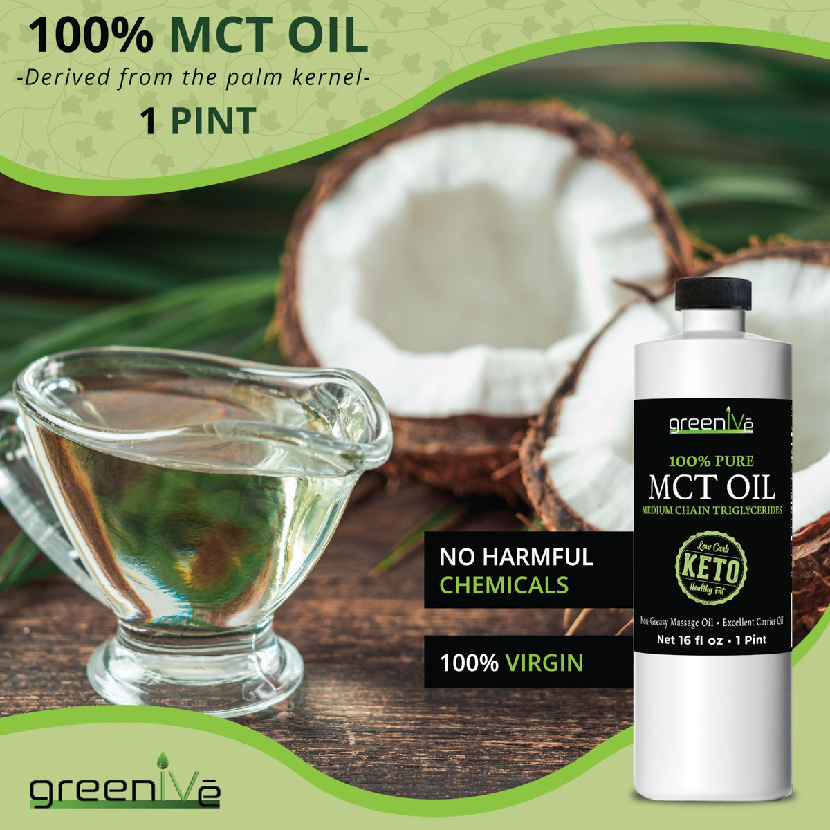 GreenIVe MCT Oil 100% Pure C8 C10 Caprylic Capric Acid Non-GMO Keto Paleo Bulletproof Coffee Creamer Energy Fuel Carrier Oil Skin Hair Massage Oil Fractionated Coconut Oil Alternative 16 fl oz