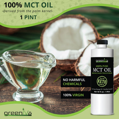 GreenIVe MCT Oil 100% Pure C8 C10 Caprylic Capric Acid Non-GMO Keto Paleo Bulletproof Coffee Creamer Energy Fuel Carrier Oil Skin Hair Massage Oil Fractionated Coconut Oil Alternative 16 fl oz