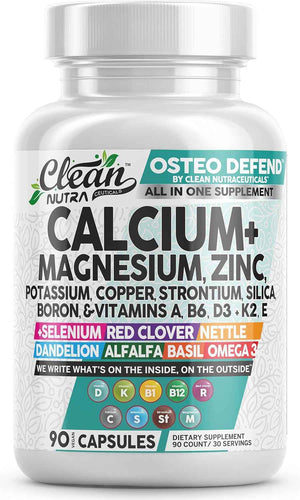 Allin1 Calcium Magnesium Zinc Supplement with Potassium, Copper, Strontium, Silica, Vitamin D3 K2, Boron, Vitamin B1 B12 Red Clover Herb Alfalfa Basil Pills for Men & Women Clean Nutra Osteo Defend