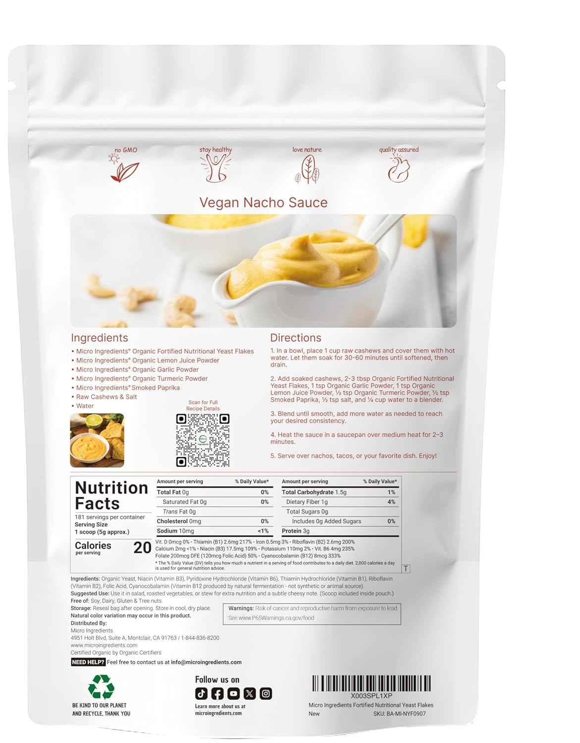 Micro Ingredients Organic Fortified Nutritional Yeast Flakes, 2lb (32oz) - Rich in Vegan Protein, B Vitamins, & Beta-Glucans - Keto Friendly, Dairy Free Cheese Substitute, Non-GMO, Gluten Free