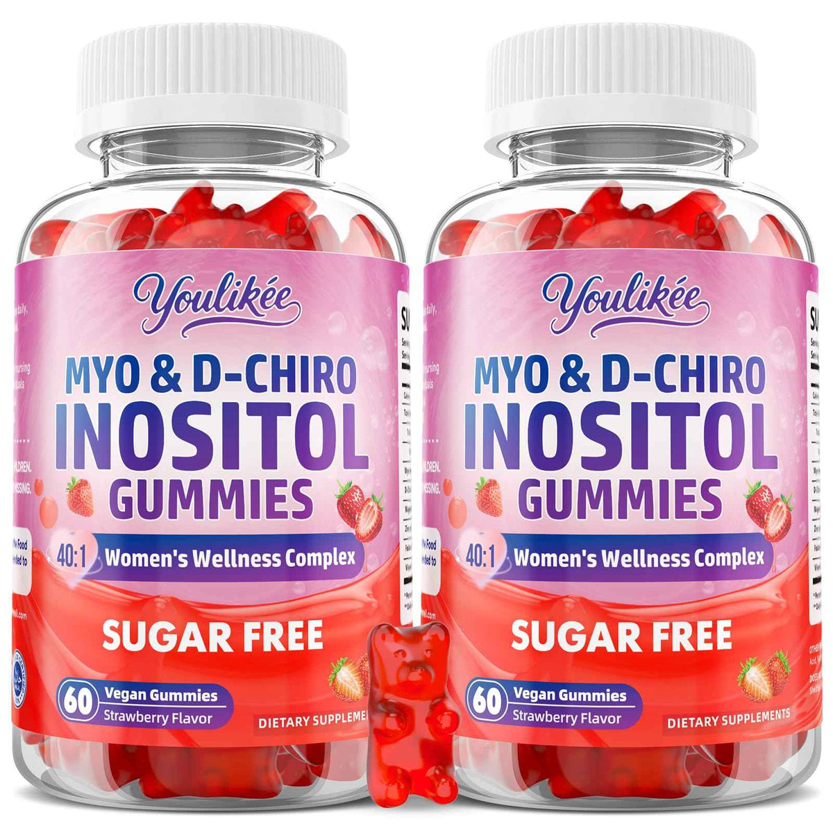 Myo-Inositol & D-Chiro Inositol Gummies for Women, Sugar-Free, 60 Count - Ideal 40:1 Ratio with Vitamin D3, Folate, Magnesium and Zinc - Support Female Health & Wellness, Strawberry Flavor