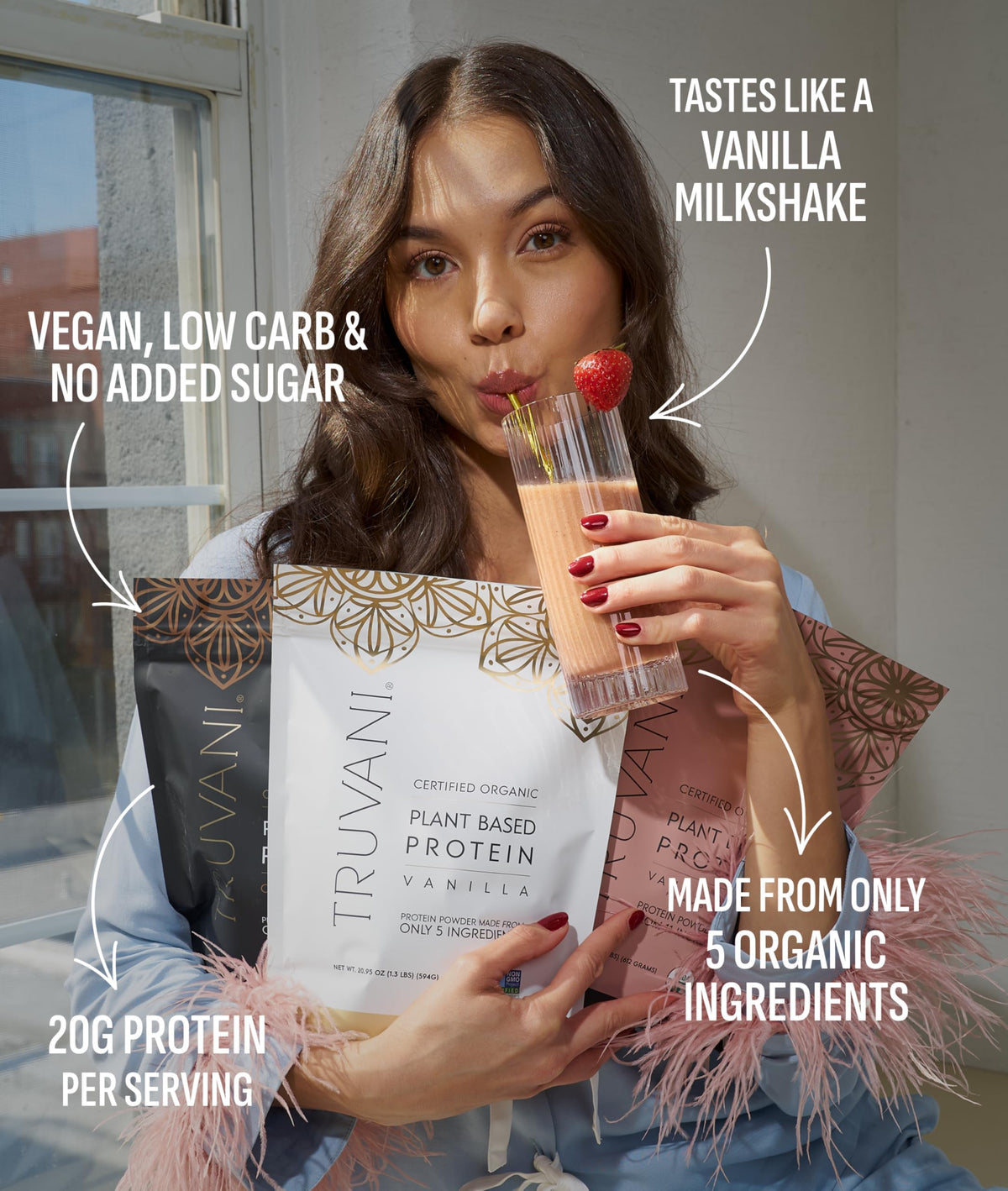 Truvani Organic Plant Based Protein Powder - Strawberry - 10 Servings - Vegan - 20g Pea Protein - Single Serving Travel Packets - Keto - Gluten & Dairy Free - Low Carb