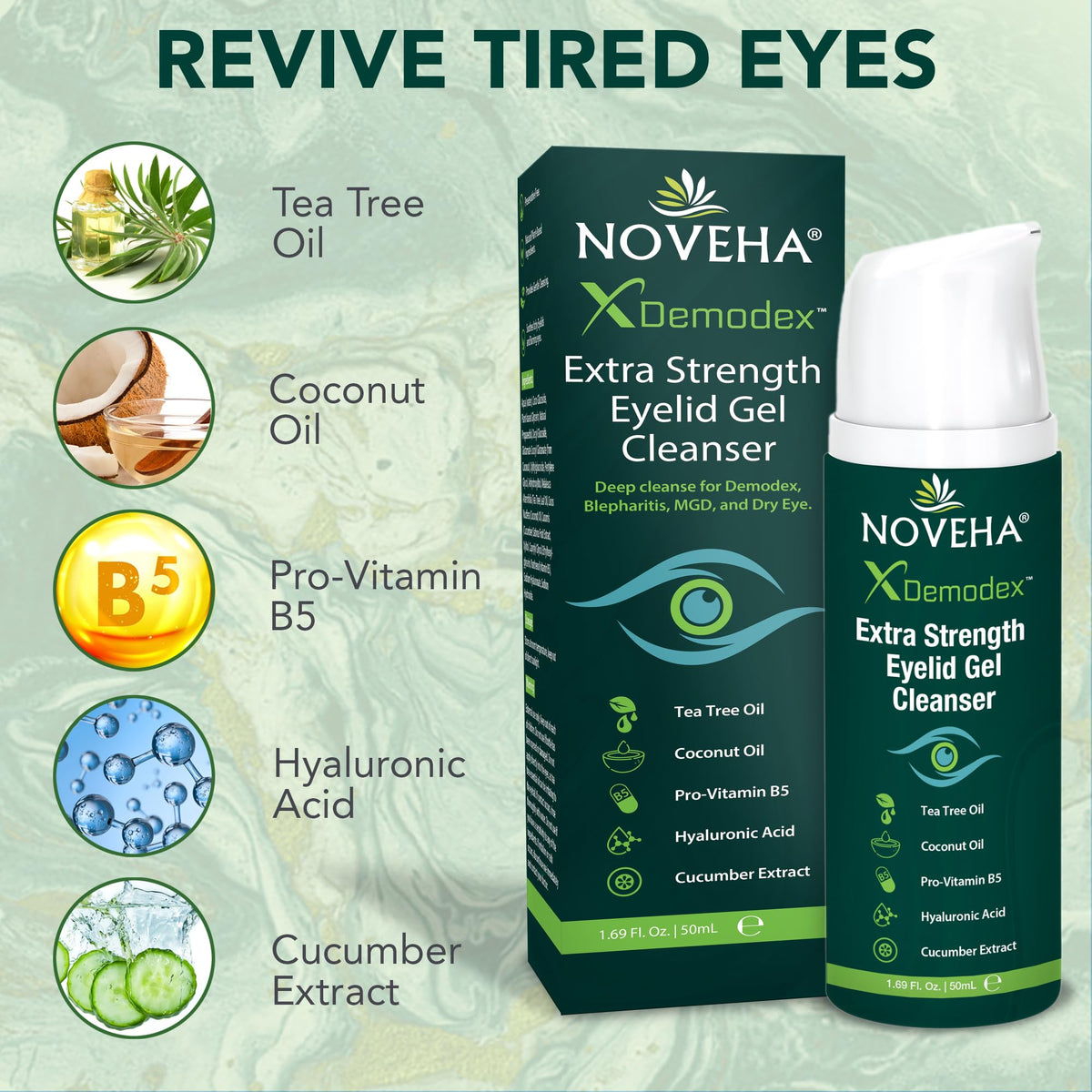 NOVEHA Demodex Extra Strength Eyelid Gel Cleanser – Tea Tree Oil Eyelid Cleanser for Dry Eye, MGD & Itchy Eyelids (2 Pack, 50ml)