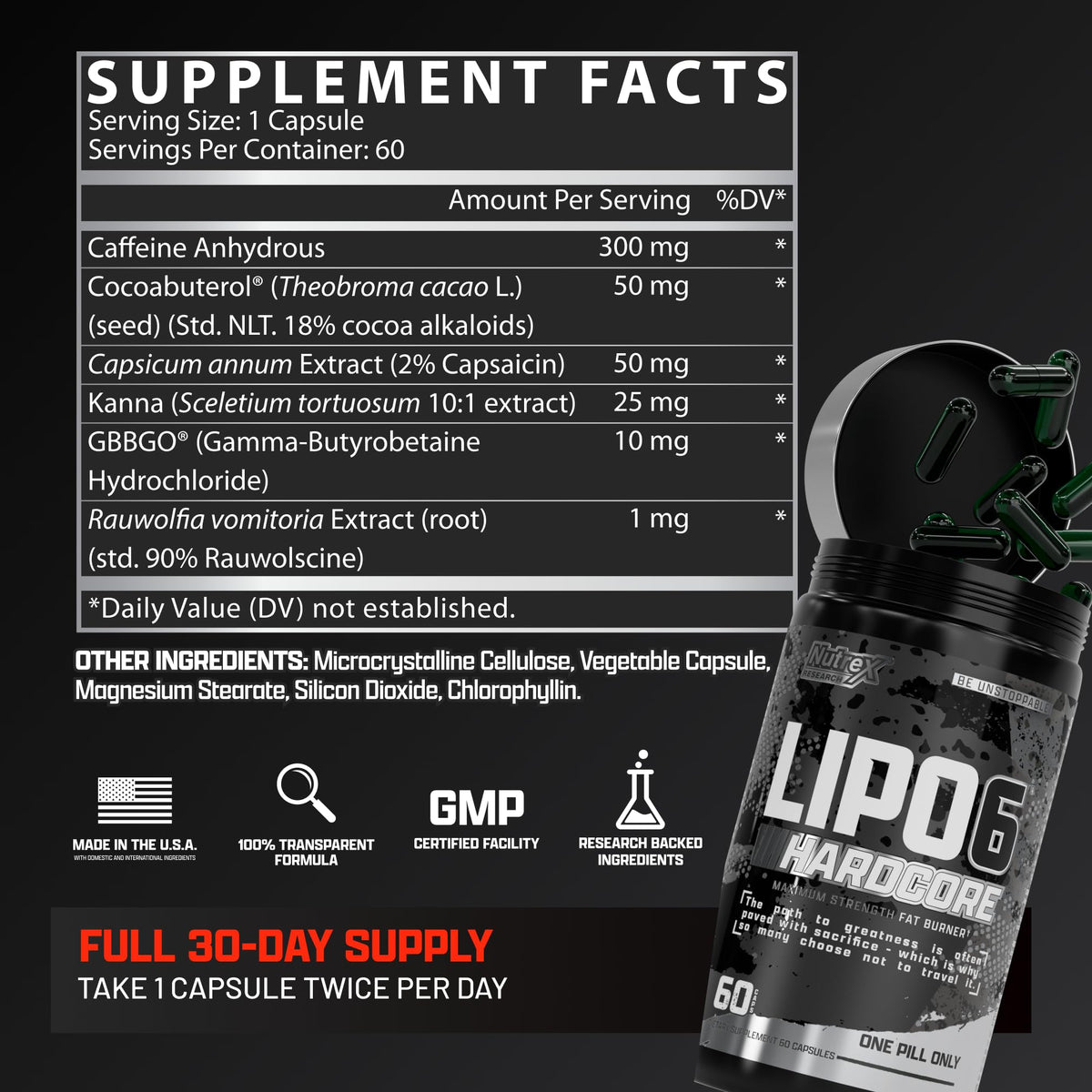 Nutrex Research Lipo-6 Hardcore – Metabolism & Energy Support – 60 Capsules
