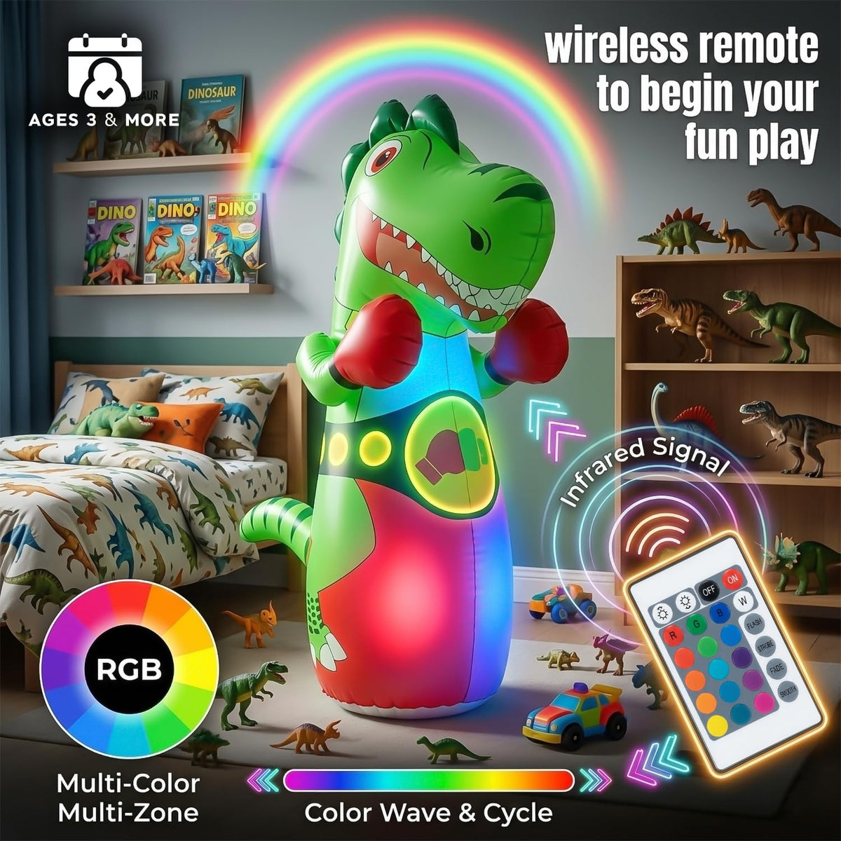 Inflatable Dinosaur Punching Bag for Kids with LED Light and Remote Control
