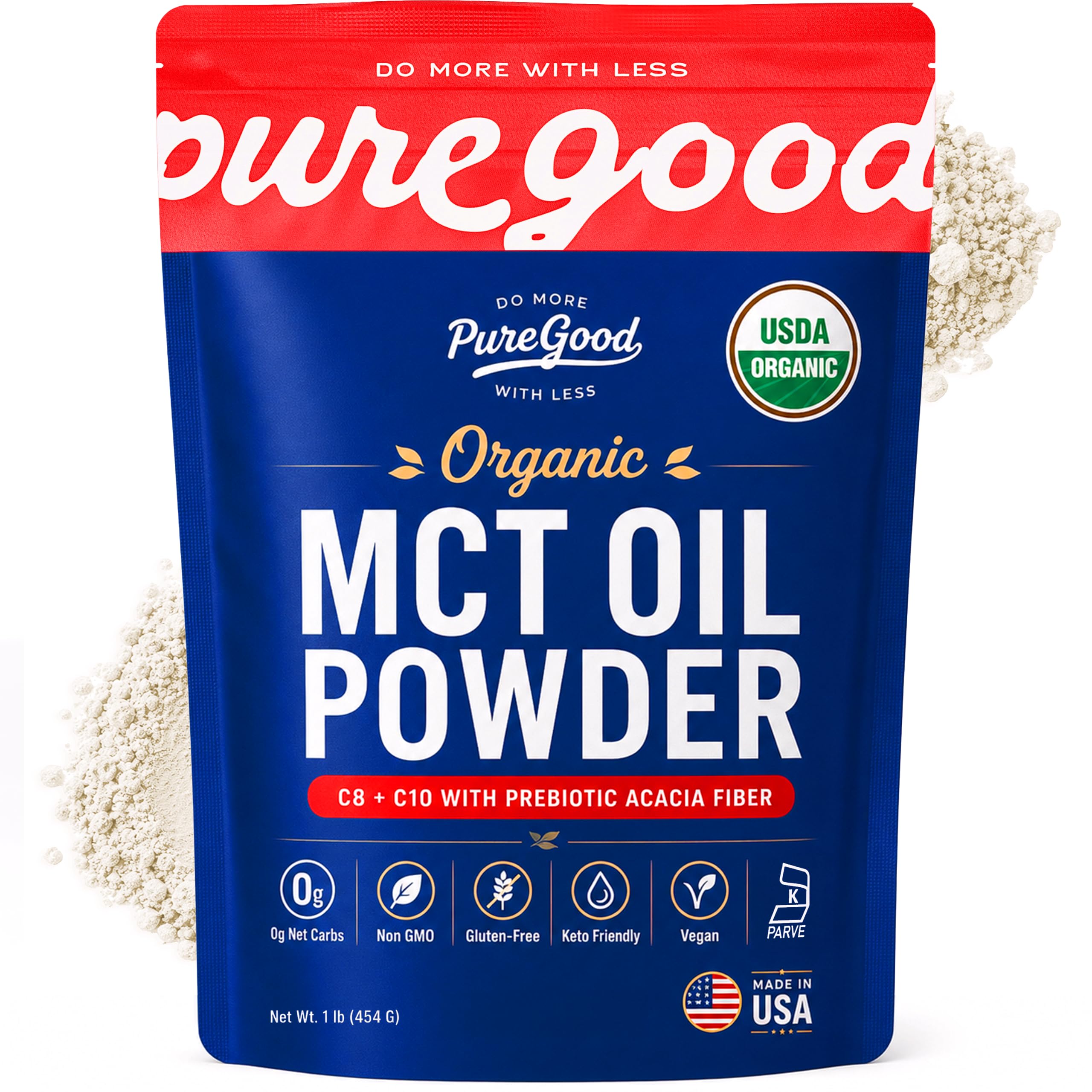 PureGood Organic MCT Oil Powder with Prebiotic Fiber, 1 Pound (16 oz) | C8 & C10 from Coconuts | MCT Oil Coffee Creamer, Unflavored | Non-GMO, Vegan, Kosher, Gluten Free