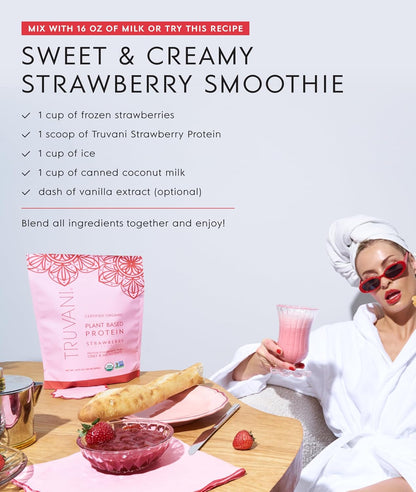 Truvani Organic Plant Based Protein Powder - Strawberry - 10 Servings - Vegan - 20g Pea Protein - Single Serving Travel Packets - Keto - Gluten & Dairy Free - Low Carb