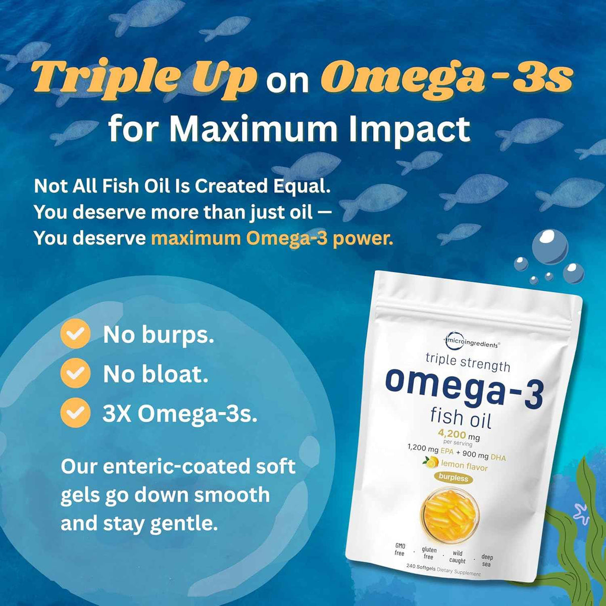 Micro Ingredients Omega-3 Fish Oil 4,200mg Softgels & Mega Probiotics 200 Billion CFU Veggie Capsules - 2 Pack Bundle - Wild-Caught, Burpless, Lemon Flavor - 40 Strains + Inulin, Acacia, & Bromelai