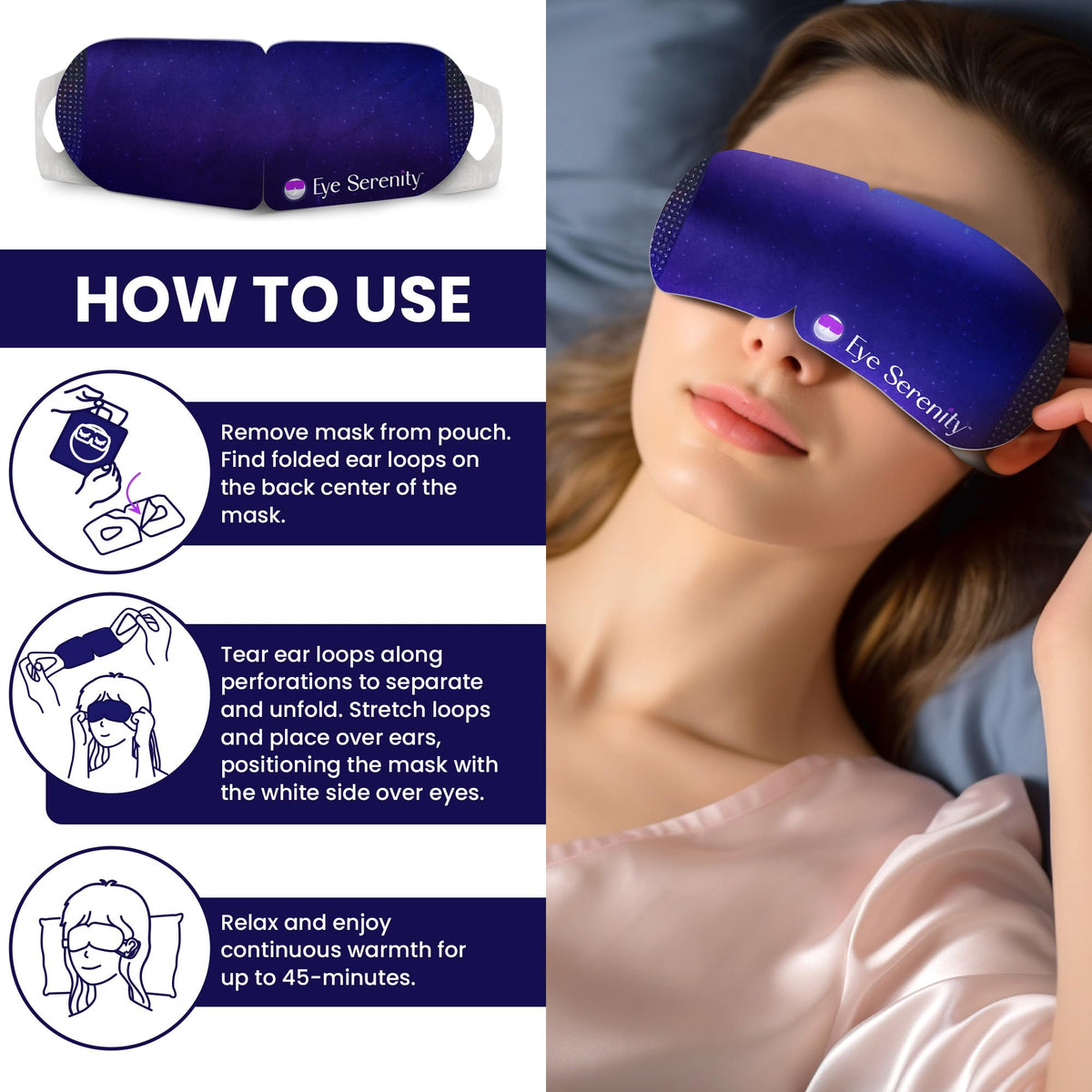 Eye Serenity Steam Eye Mask - Self-Heating Warm Compress for Dry Eye Relief - Unscented Disposable Eye Mask for Travel & Sleep (45 Pack)