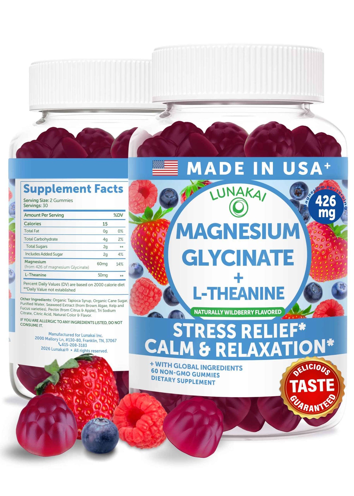 Lunakai USA Made Magnesium Glycinate Gummies 426mg with L-Theanine - Calm, Sleep, Stress Relief for Adults & Kids, Non-GMO, Vegan, 60ct