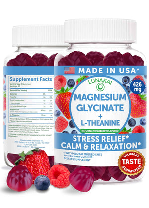 Lunakai USA Made Magnesium Glycinate Gummies 426mg with L-Theanine - Calm, Sleep, Stress Relief for Adults & Kids, Non-GMO, Vegan, 60ct