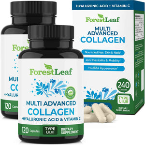 ForestLeaf Multi Collagen Pills with Hyaluronic Acid + Vitamin C - Hydrolyzed Collagen Supplements for Women or Men - Multi Collagen Capsules Peptides for Skin, Wrinkles, 120 Caps