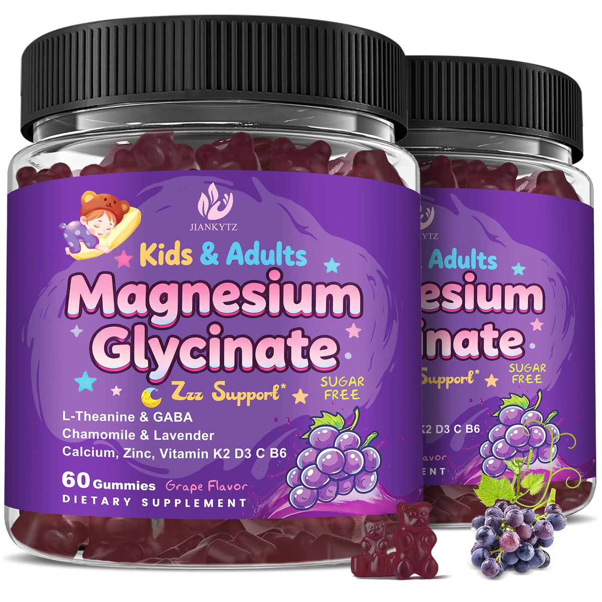 (2Pack) Sugar Free Magnesium Glycinate Gummies for Kids & Adults - Zzz Support, Relaxation & Cognition Support, 200/400mg Magnesium Gummies with L-Theanine