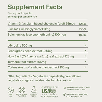 Snap Supplements Thyroid Health, Selenium, Zinc, L-Tyrosine, 60 Capsules - Thyroid Support Supplement for Women & Men, Botanicals for Metabolism, Energy & Endocrine Balance, Iodine-Free, Vegan