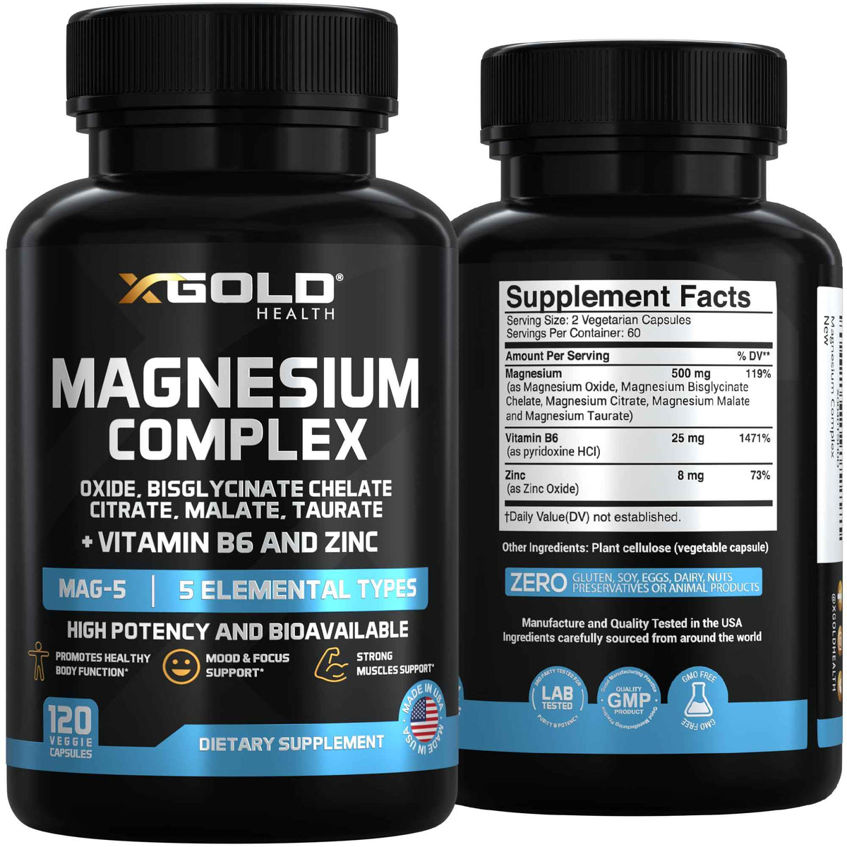 X Gold Health Magnesium Complex 5-in-1 with Zinc & B6 High Absorption Capsules (Glycinate, Citrate, Malate, Taurate, Oxide) Muscle Recovery, Energy, Sleep Support & Immune Health 500mg Made in USA