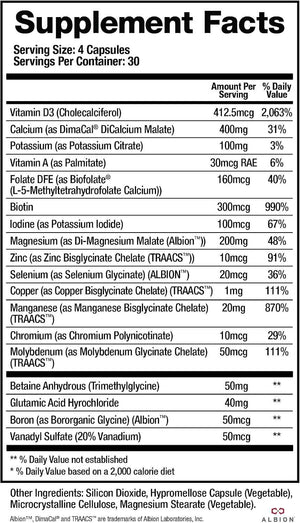 BioMatrix Chelated Mineral Supplement, Iron-Free, Calcium, Magnesium, Zinc - Albion Forms, Vitamin D3, Copper & Iodine, Bone Strength & Immune Aid, Krebs Cycle Energy, Veggie Caps, 30-Day Supply