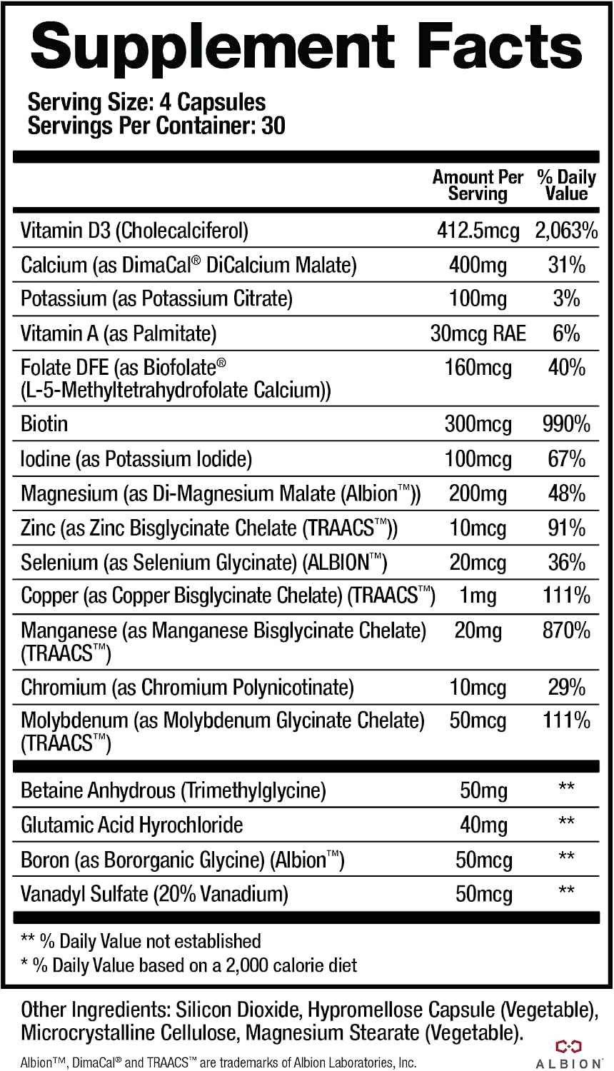 BioMatrix Chelated Mineral Supplement, Iron-Free, Calcium, Magnesium, Zinc - Albion Forms, Vitamin D3, Copper & Iodine, Bone Strength & Immune Aid, Krebs Cycle Energy, Veggie Caps, 30-Day Supply