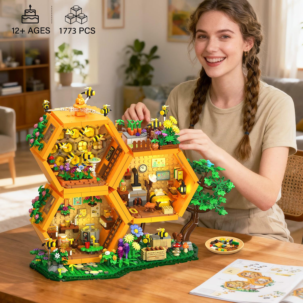 INSOON Bee Treehouse House Building Set with Lights for Adults, Farm Kit