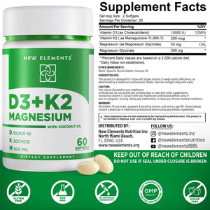New Elements Vitamin D3 K2 10,000 IU with Magnesium Glycinate 500mg - Bone Health, Immune Support, Energy & Mood - Non-GMO, Gluten-Free