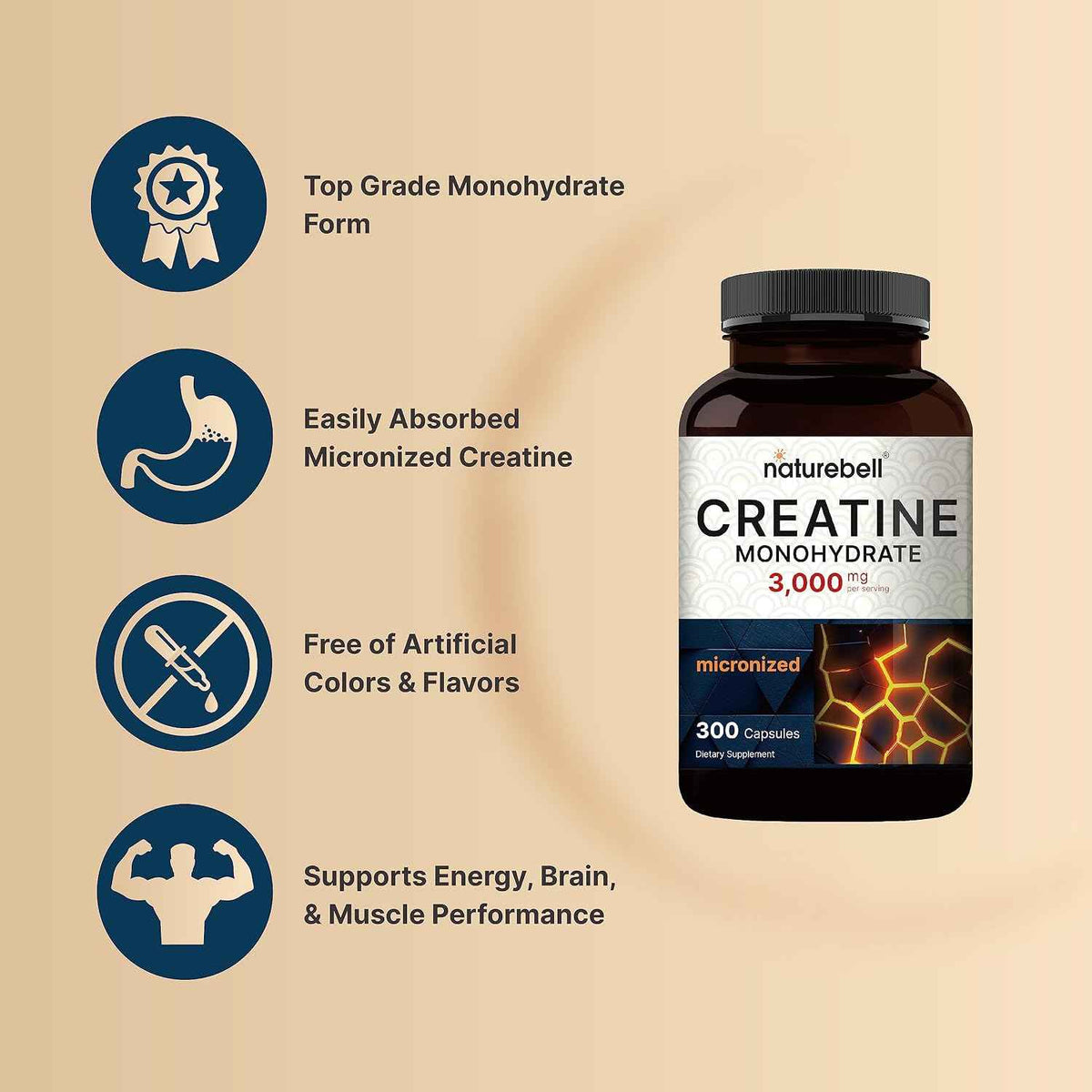 NatureBell Creatine Monohydrate Capsules 3,000mg Per Serving, 300 Count - Micronized, Unflavored Creatine Pills - Pre-Workout & Muscle Strength Support - Easy to Swallow, Filler-Free - 50 Servings