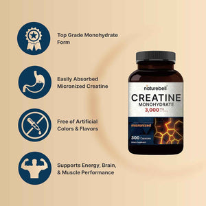 NatureBell Creatine Monohydrate Capsules 3,000mg Per Serving, 300 Count - Micronized, Unflavored Creatine Pills - Pre-Workout & Muscle Strength Support - Easy to Swallow, Filler-Free - 50 Servings