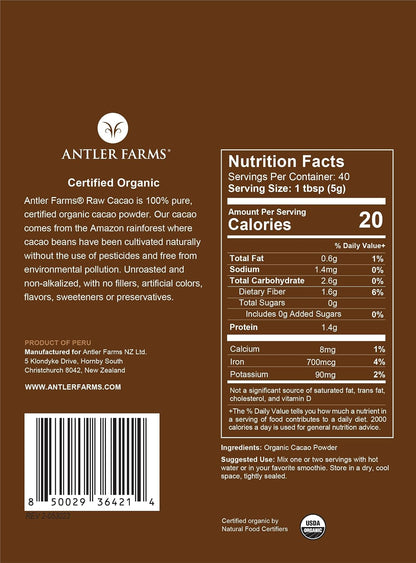 Antler Farms - 100% Pure Organic Raw Cacao Powder, 40 servings, 200g - Vegan, Gluten Free, Cultivated Naturally in Amazon Rainforest, Certified USDA Organic - 100% Pure, Vegan, Gluten Free, Cultivated Naturally in Amazon Rainforest, Certified USDA Organic