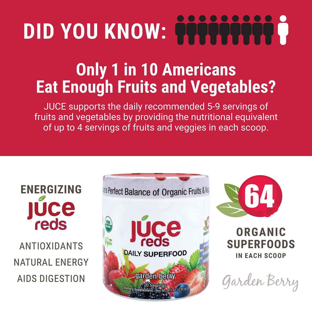 Terra Kai Organics JUCE Reds Organic Superfood Powder - Garden Berry Flavor - Fruit & Veggie Powder for Everyone w/64 Immune Boosting Superfood Plus Probiotics for Gut Health - 20 Servings (230g)