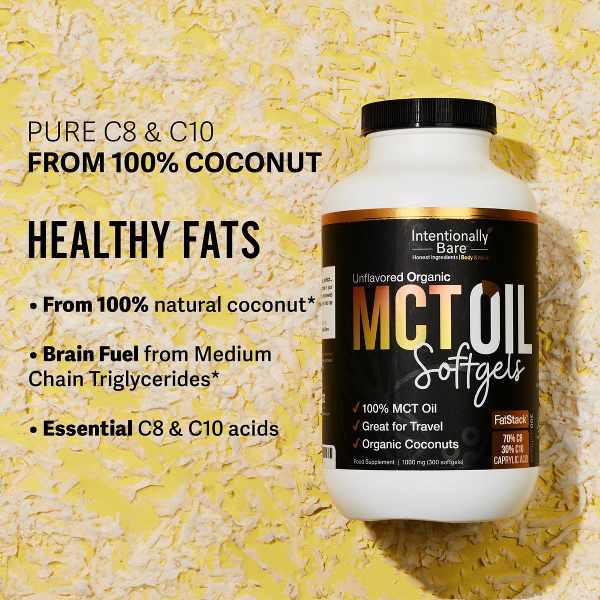 Intentionally Bare Organic MCT Oil Capsules - C8 & C10 Soft gels- 300 ct