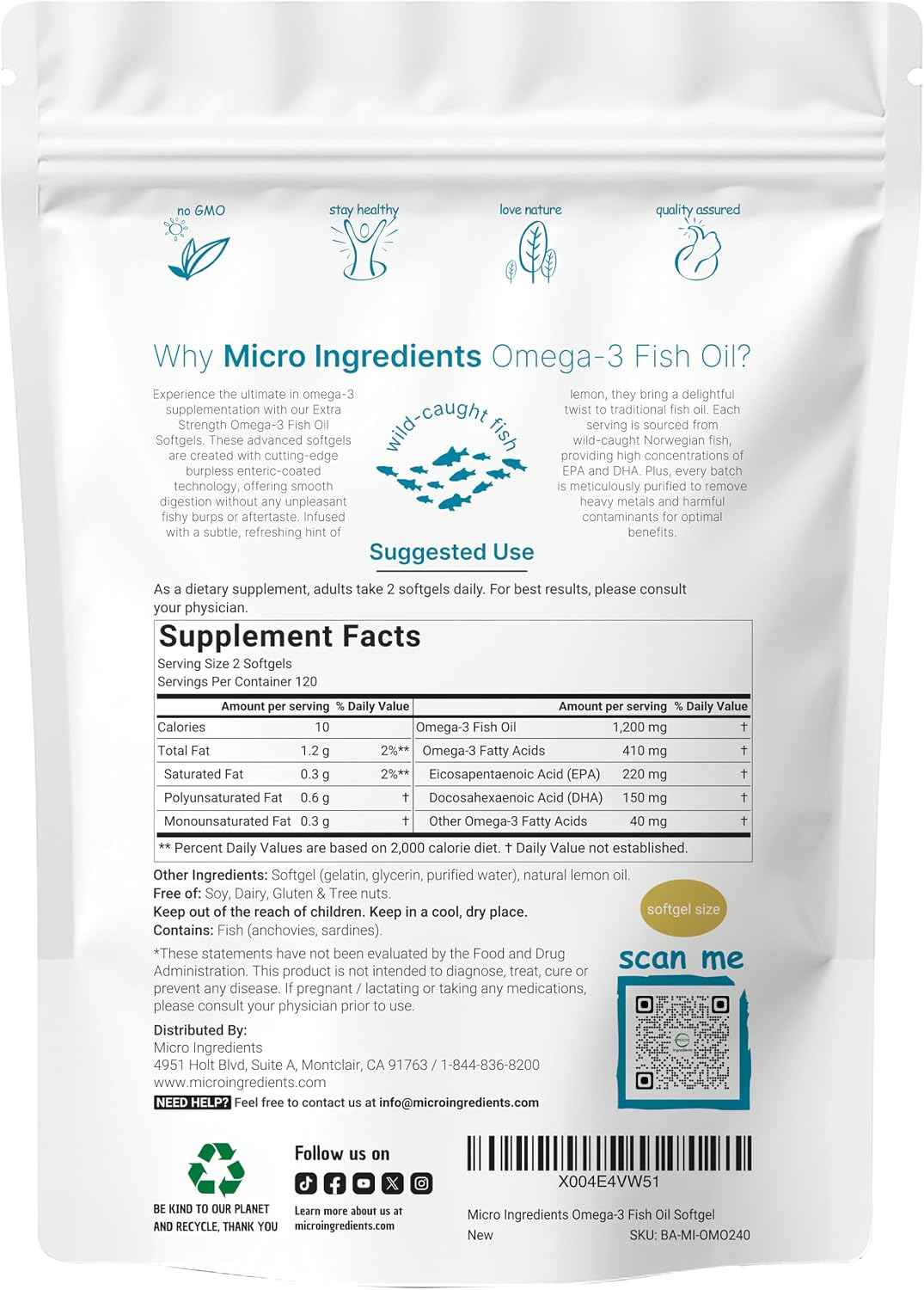 Micro Ingredients Extra Strength Omega 3 Fish Oil Supplements 1,200mg Per Serving, 240 Softgels - Lemon Flavored - Burpless - Essential Fatty Acids - EPA 220mg + DHA 150mg - Deep Sea Fish