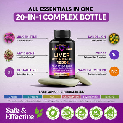 Liver Cleanse & Detox 1250 mg - Milk Thistle 80 % Silymarin - Dandelion - Artichoke - TUDCA - Glutathione & NAC - Liver Health & Bile Production Support - Lab Tested, Vegan - Made in USA - 60 Capsules