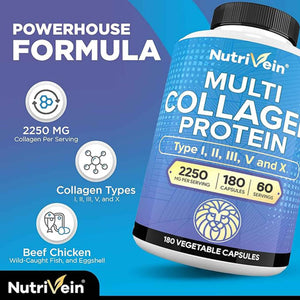 Nutrivein Premium Multi Collagen Pills 2250 mg - 180 Easy-to-Swallow Collagen Capsules: Type I, II, III, V, X Hydrolyzed Protein Peptides for Women and Men
