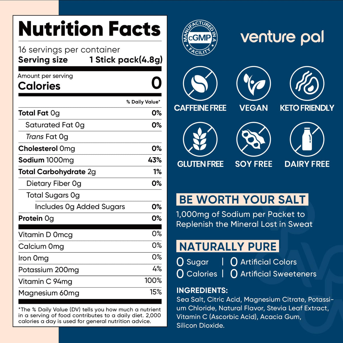 Venture Pal High Sodium Sugar Free Electrolytes Powder Packet, 16 Sticks - Hydration Packets with Vitamin, Sodium & Potassium, Zero Calories, Vegan, Keto & Paleo Friendly Electrolyte Drink Mix