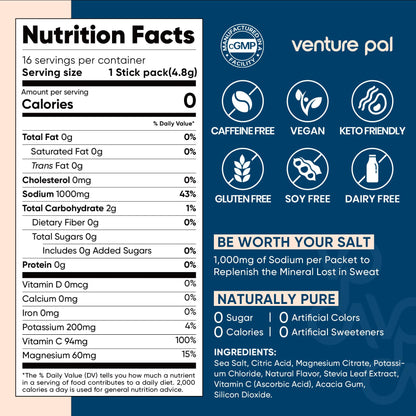 Venture Pal High Sodium Sugar Free Electrolytes Powder Packet, 16 Sticks - Hydration Packets with Vitamin, Sodium & Potassium, Zero Calories, Vegan, Keto & Paleo Friendly Electrolyte Drink Mix