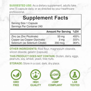 Zinc Picolinate 50mg with Copper & Selenium, 240 Capsules - 3-in-1 High Absorption Mineral Complex - Chelated Zinc Supplement for Immune Support* - 8 Month Supply
