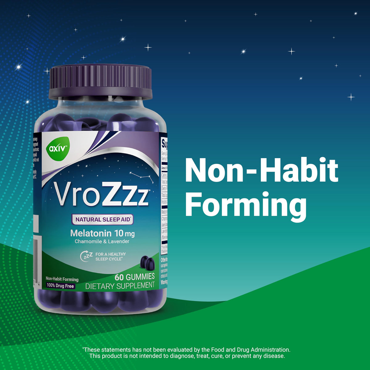 AXIV VroZzz Melatonin Sleep Aid Gummies, 10 mg Melatonin, with Chamomile, Lavender & Valerian Root, Supports Occasional Sleep, 60 Gummies