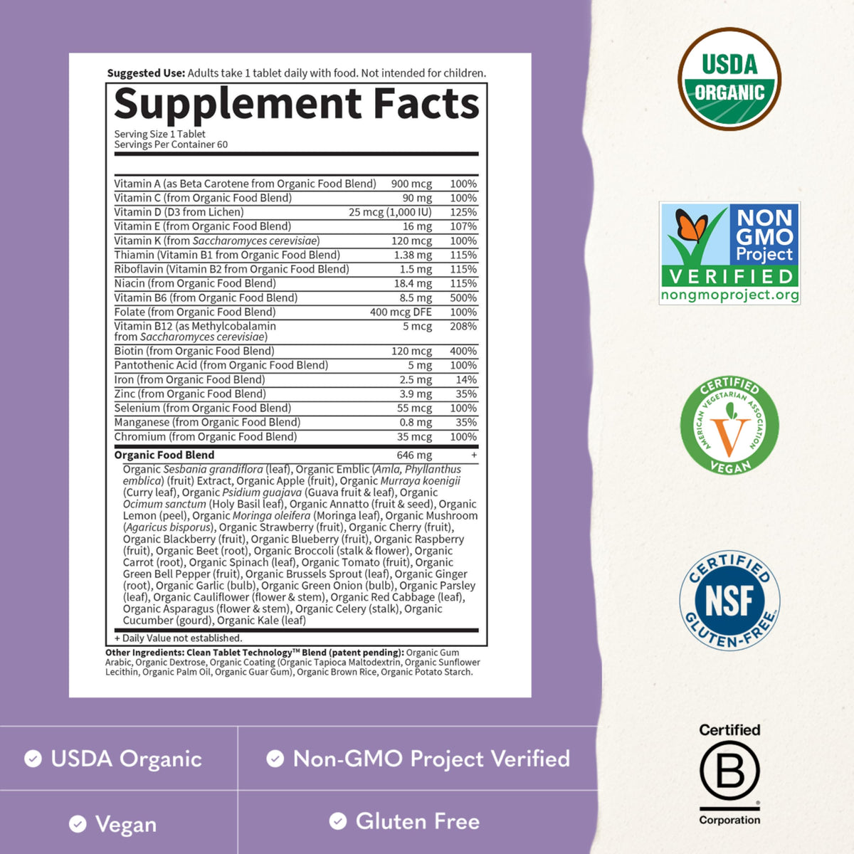 Garden of Life Organics Multivitamin for Women - Women's Once Daily Multi - Whole Food Multi with Iron, Biotin, Vegan Organic Womens Multivitamin for Health, Energy Hair Skin and Nails, 60 Tablets