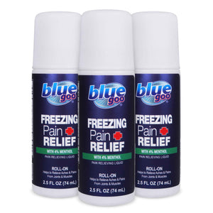 Blue Goo Pain Relieving Menthol Roll On - for Back, Neck, Muscle and Joint Pain, Sprains and Strains, Fast-Acting Soothing Cooling Pain Relief Liquid with 4% Menthol, 2.5 oz (3 Pack)