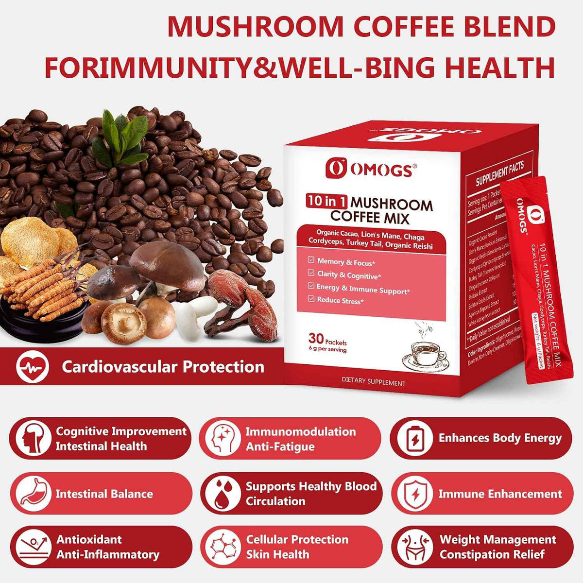 OMOGS Mushroom Coffee, 10 in 1 Extract Powder Blend Lion's Mane, Reishi, Cordyceps, Chaga, Turkey Tail, Instant Coffee-for Energy, Focus, Memory, Digestion & Immunity, 30 Serving