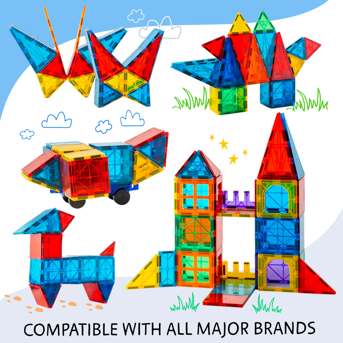 SUNNY AUNTIE Magnetic Tiles 100 PCS with 2 Cars – Magnetic Building Tiles STEM Toy for Kids Ages 3-8, Magnet Construction Set for Boys & Girls