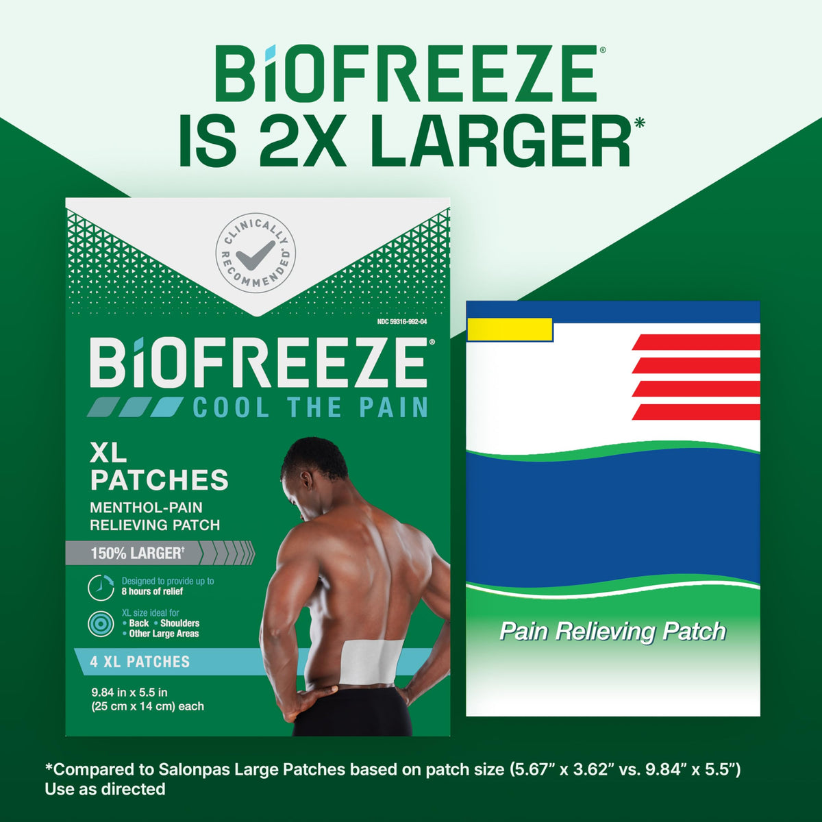 Biofreeze XL Pain Relief Patches, Menthol Pain Patches for Lower Back, Neck, Knee, & Shoulder, Comfortable & Flexible Fabric Stays in Place, 4 ct