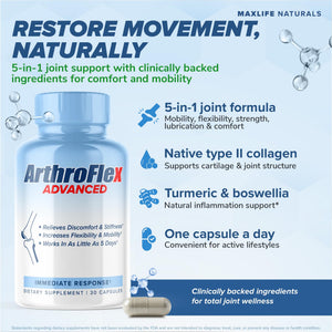 MAXLIFE NATURALS ArthroFlex Advanced Joint Health Supplement – 30 Capsules - Vital Joint Supplements for Women and Men, Type II Collagen Cartilage Supplement, Made in USA Health Care Supplements MAXLIFE NATURALSBuy Supplements Australia
