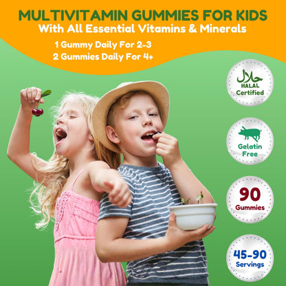 SHIFAA NUTRITION Halal Kids Multivitamin Gummies, 45-90 Days Supply, with All Essential Kids Vitamins. Toddler Vitamins with Vitamin C, D, Zinc, A, E, B6, B12, Biotin | Halal Gummies for Kids