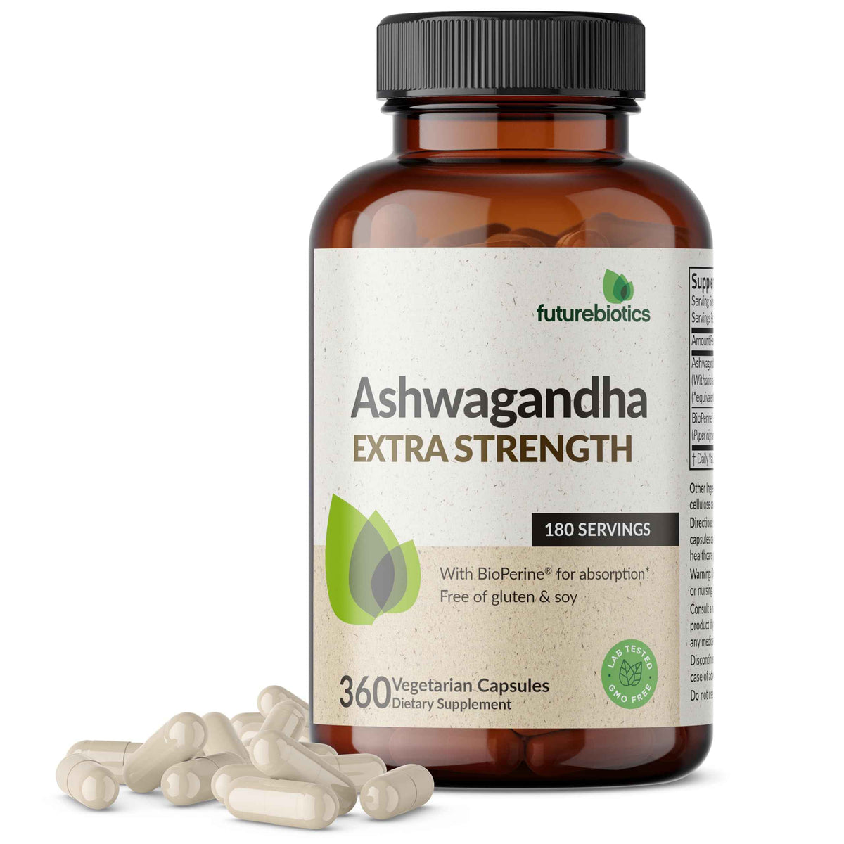 Futurebiotics Ashwagandha Extra Strength Stress & Mood Support 100 Capsules - Vegetarian, Non-GMO, Gluten-FREE, Soy-FREE, BioPerine for High Absorption