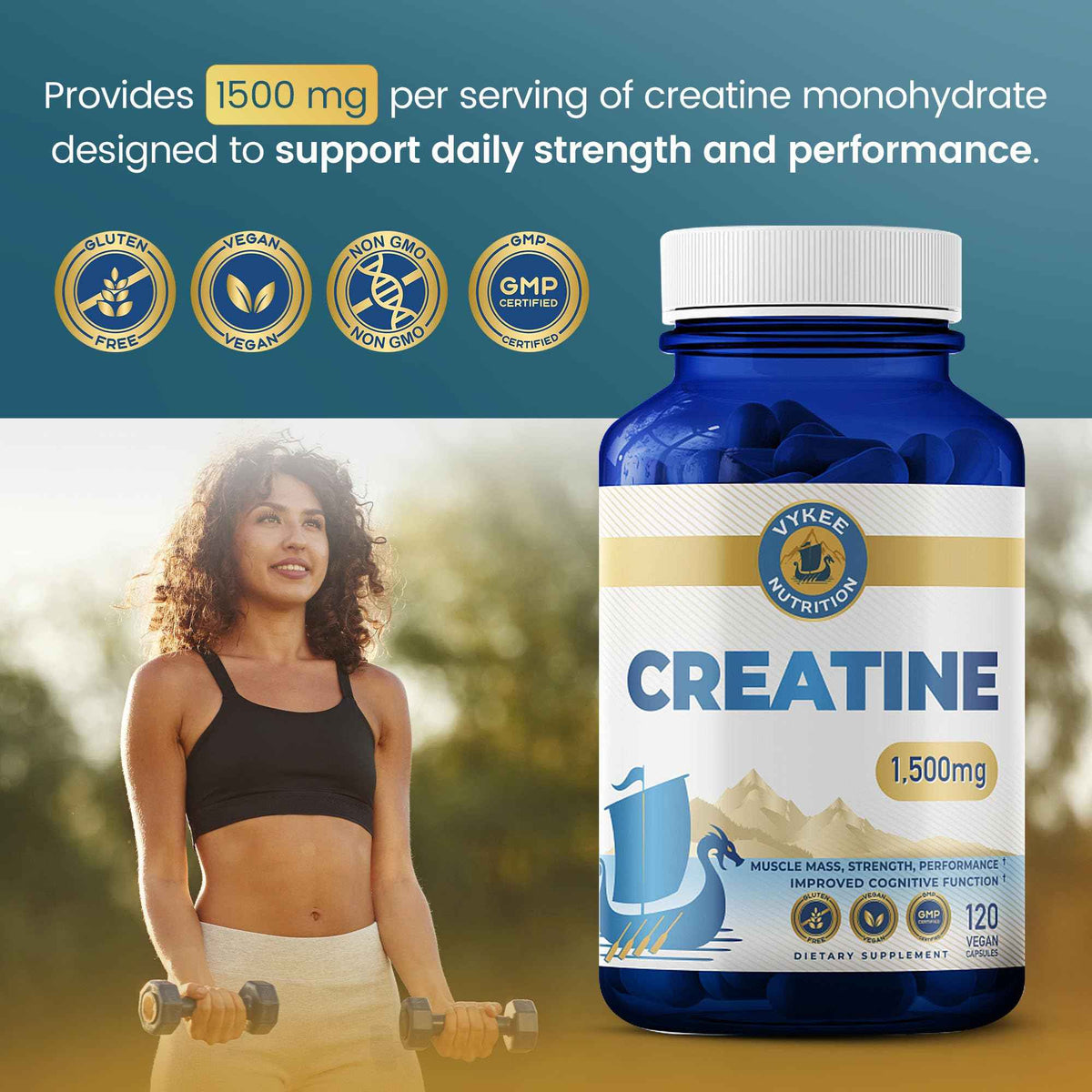 Vykee Nutrition Creatine Monohydrate Capsules 1,500 mg - Daily Creatine Supplement for Muscle Strength Training, Endurance, and Workout Performance Support