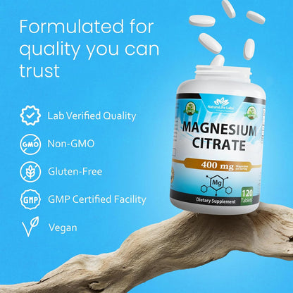NaturaLife Labs Magnesium Citrate 400 mg per Serving - 120 Tablets, Vegan, Non-GMO
