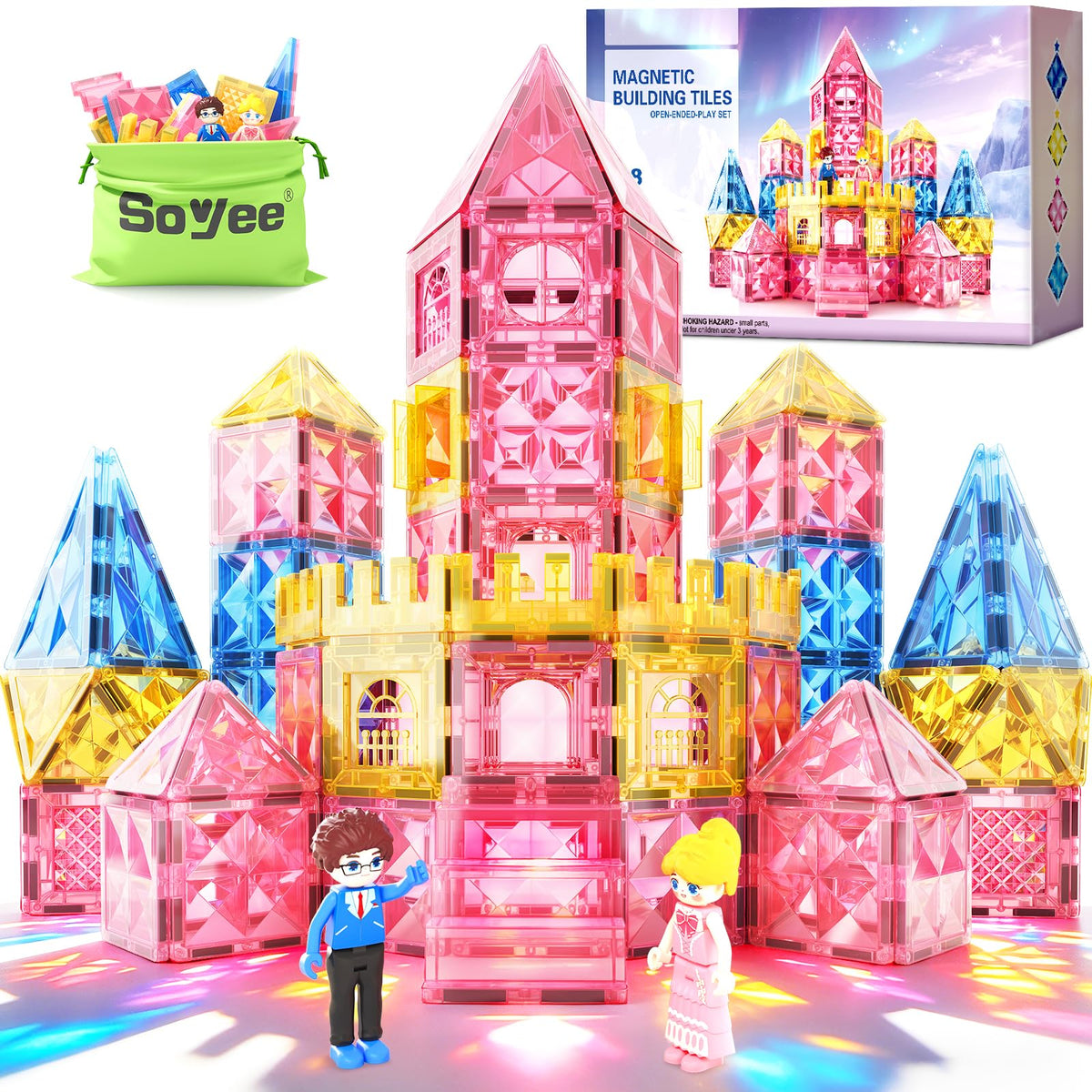 Soyee Diamond Magnetic Tiles Magnet Building Blocks - Princess Castle Toys for Girls & Boys Age 3-8 Birthday Present 5 6 7 8 9 10 Year Old Gifts for Kids Classroom
