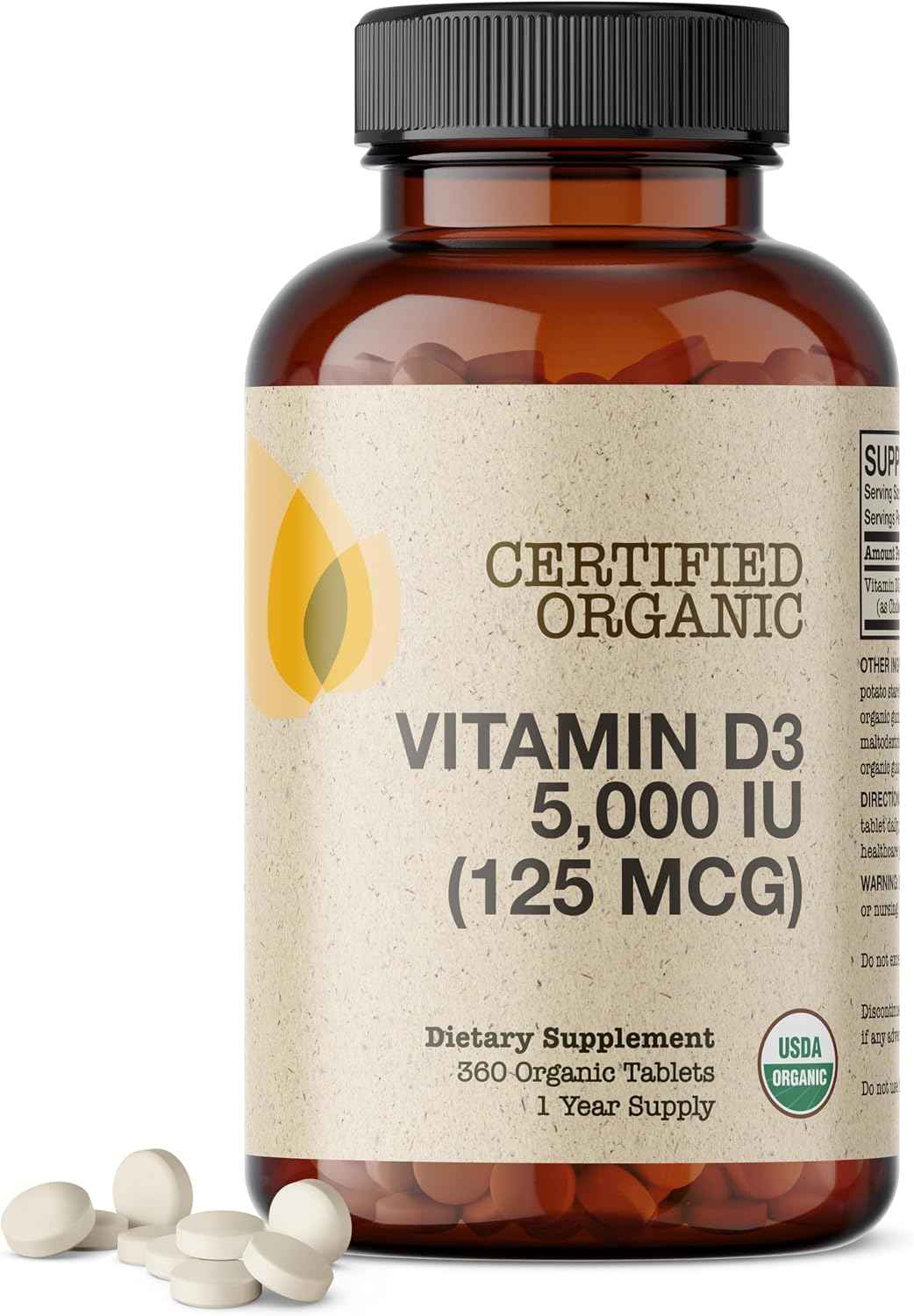 Futurebiotics Vitamin D3 5,000 IU (125 MCG), USDA Certified Organic Vitamin D Supplement, 360 Tablets