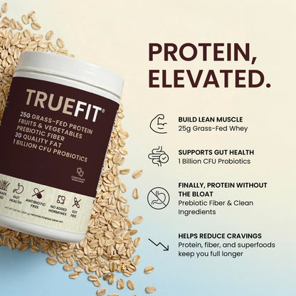 TrueFit Grass-Fed Whey Protein Powder + Fiber & Probiotics, Vanilla Shake - 25g Gut Healthy Protein with Fiber, Probiotics & Non-GMO Superfoods for Complete Meal Replacement Shake with Nothing Fake