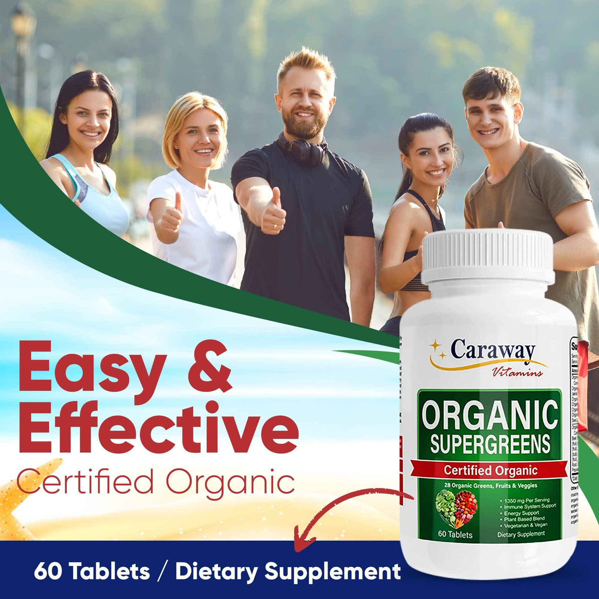 Organic Superfoods Vitamins Super Greens Complex by Caraway Vitamins 1,350 mg per Serving 28 Fruits Vegetables Greens 60 Count Tablets Non-GMO Natural for Men & Women