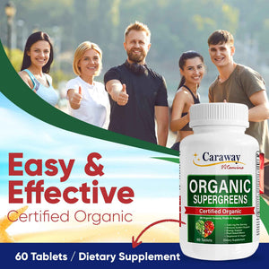 Organic Superfoods Vitamins Super Greens Complex by Caraway Vitamins 1,350 mg per Serving 28 Fruits Vegetables Greens 60 Count Tablets Non-GMO Natural for Men & Women